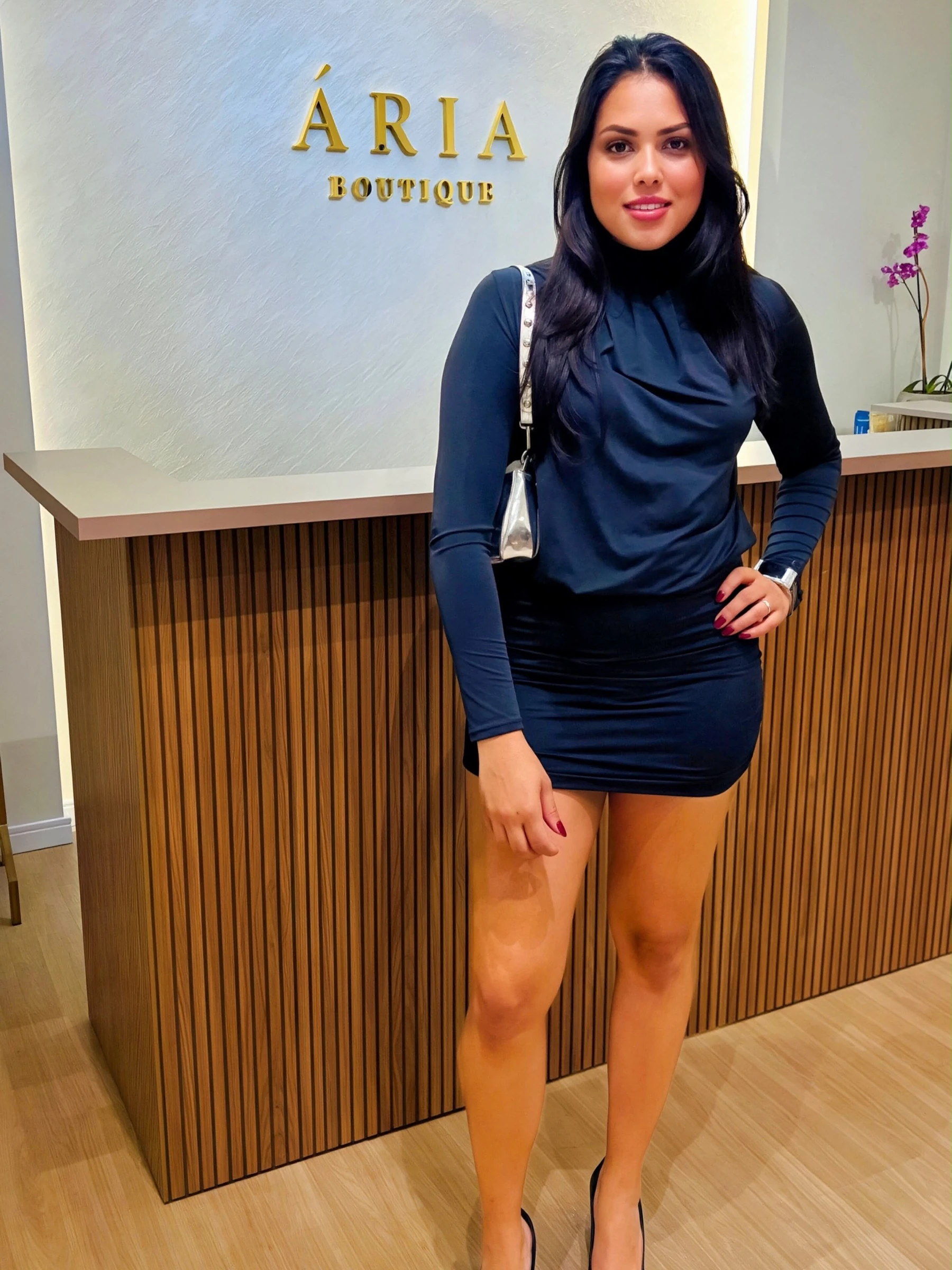 Modelo usa vestido preto elegante dentro da Ária Boutique